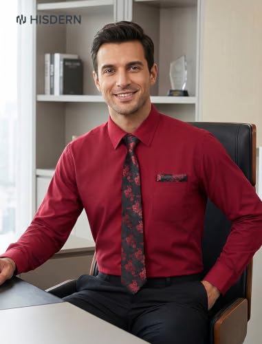 Image of HISDERN Mens Dress Shirt with Tie Pocket Square Set Classic Button Down Shirt Matching Tie Long Sleeve Shirts