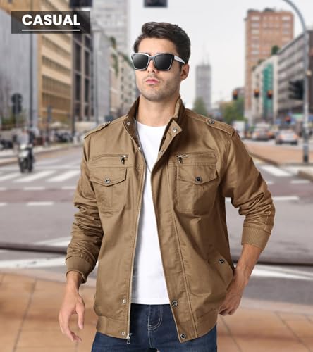 EKLENTSON Men's Cotton Windbreaker Jacket Military Zipper Bomber Cargo Outwear Jackets Coat, Khaki, XL - Image 3