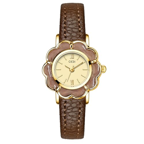 Women’s Fashion Petite Floral-Shaped Creative Gold Quartz Watch Lightweight Leather Band Elegant Ladies Dress Bracelet Wristwatch (Brown Gold)