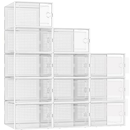 stusgo Shoe Storage Box, 12pcs Clear Shoe box Plastic Stackable Shoe Organizer for Closet, Space Saving Foldable Shoe Rack Sneaker Container Bin Holder (white, X-Large-12pack)