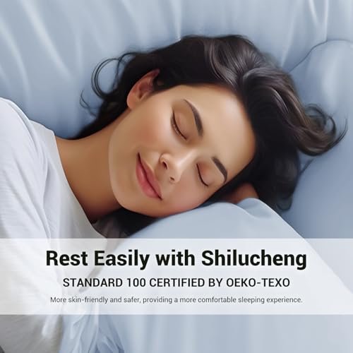 Image of Shilucheng 4 Piece Queen Sheet Sets, Cooling Sheets, Blend Rayon Derived from Bamboo, Deep Pocket Up to 16 inch, Breathable & Soft Bed Sheets, Hotel Silky Bedding Set, Sky Blue