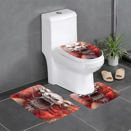 龍 竜 ドラゴン柄 和風 (4) トイレマット 3点セット フタカバー 浴室足ふきマット 吸水 速乾 滑り止め 抗菌 防臭 洗える ふわふわ プレゼント 40x60cm