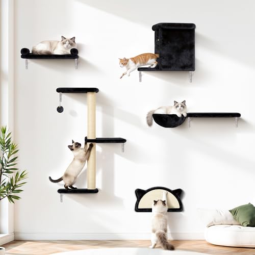 5-in-1 Cat Wall Shelves with Scratcher, 44lb Max, Black