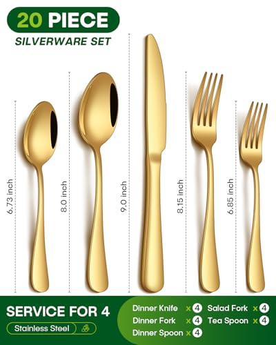 Image of PHILIPALA 20 Piece Gold Silverware Set, Stainless Steel Flatware Set for 4 Food Grade Novelty Flatware Cutlery Utensil Set Include Knife Fork Spoon Mirror Polished Dishwasher Safe