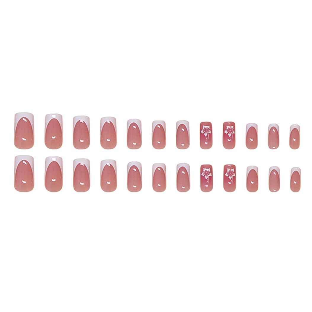 RikView Pink Press on Nails Medium Stick on Nails French Tips Nails Square Fake Nails Glossy Full Cover Nails 24 PCs/Set