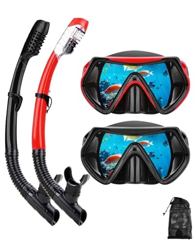 Snorkeling Gear for Adults, Dry Snorkel Mask Set, Scuba Diving Snorkle mask Set Adult, Panoramic Wide View Anti-Fog Dive mask, Swimming Diving Snorkeling Packages (Black+red(2 Set))