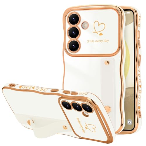 LLZ.COQUE for Samsung Galaxy S24 Case, Love-Heart Curly Wave Frame with Luxury Gold-plated Design Phone Case, Adjustable Hand Strap Stand Shockproof Bumper Cover for Girls Women, White