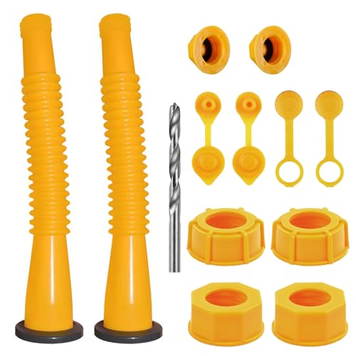 Gas Can Spout Replacement, Gas Can Nozzle. Spout Length is 8.1 in, Easier to use. For most 1/2/5/10 gal oil cans. With Gas Tank Vent Caps, Thick rubber pad, Spout Cover, Base Caps (2 Kit-Yellow)