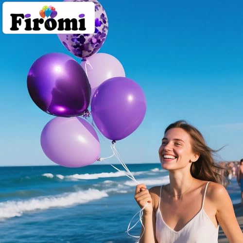 Image of Firomi Metallic Chrome Purple Balloons Set 12-inch 70 Pack (with 2 Ribbons)