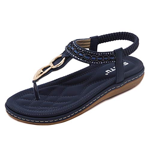 SHIBEVER Sandals for Women Ankle T-Strap Thong Flats Elastic Casual Bohemian Summer Beach Flip Flops Sandals Shoes Navy…