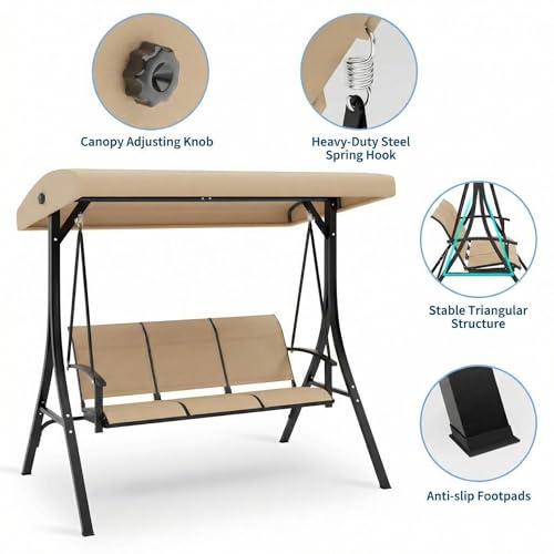 Image of GarveeLife 3-Seat Patio Swing Chair, Outdoor Porch Hanging Chairs with Adjustable Canopy and Armrests, Breathable Textilene Fabric Seat & Backrest, Swing Bench for Garden, Poolside, Backyard, Beige