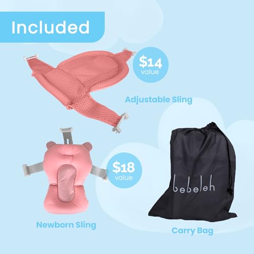 Image of BEBELEH Collapsible Baby Bathtub with Thermometer - Bathtub + Baby tub Sling + Newborn Sling - Baby Bathtub Newborn to Toddler 0-24 Months - The Ultimate Baby Bath tub! (with Thermometer,Pink)