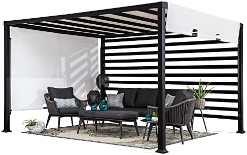 Sunjoy Outdoor Pergola 10 x 12 ft. Steel Pergolas with White Adjustable Shade and Privacy Screen for Backyard, Garden Activities