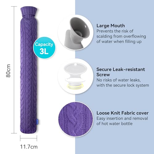 DICEVER Hot Water Bottle with Knitted Cover, Hot Water Bag for Bed, Body Feet Warm, Pain Relief. Hot and Cold Therapies for Women Girls Seniors. Ideal Gift for Birthday, Womens', Christmas Day, Purple