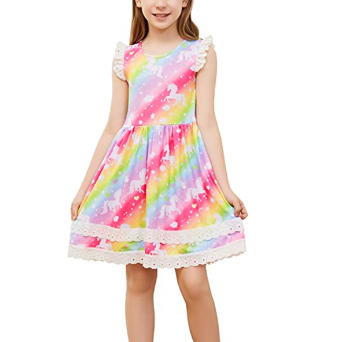 Jeskids Girls Unicorn Tie Dye Dress Flutter Sleeve Casual Twirl Dresses Print Sundress Rainbow Unicorn 4-5T #TOP17