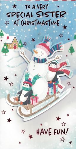 Very Special Sister Christmas Card Cute Teddy and Penguin Design 23 x 13 cm