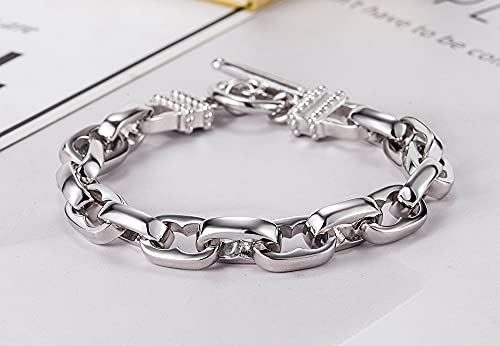 Meilanduo Solid 925 Sterling Silver Oval Link Chain Bracelet Rolo Cable Two Locks Bracelet 9Mm Thick Big For Men Boys 8.3 Inch / 21 Cm #TOP2