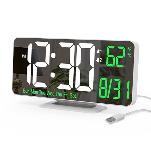 KOSUMOSU Alarm Clock for Bedroom, 6.7" Led Desk Digital Clock,Mirror