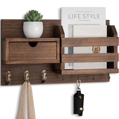 Lwenki Wall Mount Key Holder with Mail Organizer, 100% Paulownia Wood, 7 Metal Hooks, Storage Drawer, Entryway Home Decor (Brown)