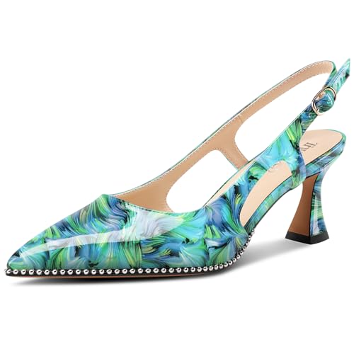 Image of TNYNFBEB Womens Kitten Heel Pointed Toe Pumps Sliver Beaded Slingback Slip-on Buckle Prom Dress Basic Classic Patent Leather Summer 2.6 Inches Heels