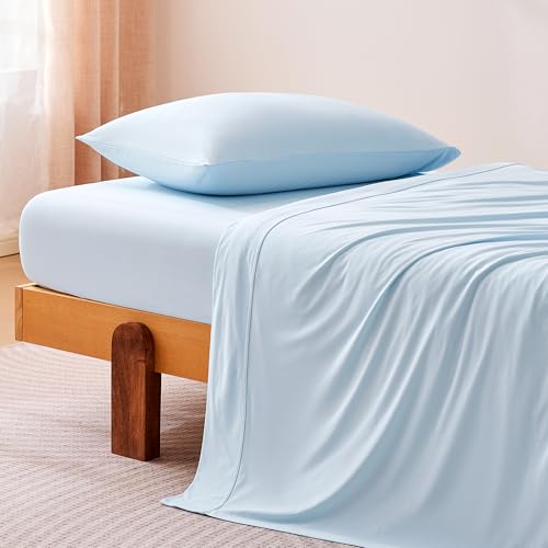 Image of Amazon Basics Cooling Sheets, 3-Piece Bed Sheet Set for Summer, Soft and Breathable for Hot Sleepers, Bedding with 1 Deep Pocket Fitted Sheet, 1 Flat Sheet, and 1 Pillowcase, Twin, Blue
