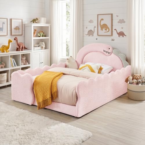 Image of Full Size Kids Bed with Dinosaur Headboard, Upholstered Boucle Fabric Twin Daybed with Slats Support & Side Pocket, Space-Saving Wooden Corner Sofa Couch Day Bed Frame for Girl, Boy, Teenager(Pink)