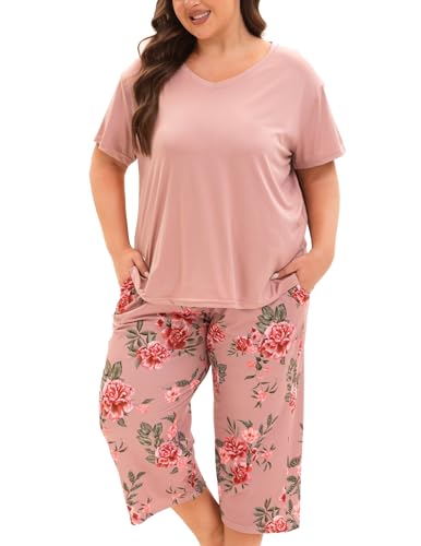 MUKVIK Plus Size Pajamas for Women Set, Womens Plus Size Short Sleeve V Neck Capri Pants Pajama Sets...