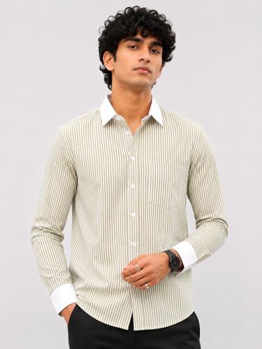 Image of Men's Striped Casual Shirt | White Collar & White Cuff Design | Full Sleeve Cotton Blend Shirt for Men | Slim Fit Stylish Casual Wear