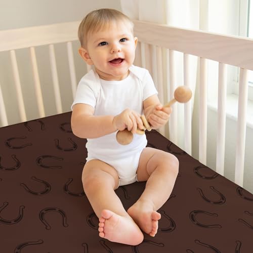Image of Sweet Jojo Designs 3-Piece Baby Crib Sheets Set (Western Cowboy) for Boys, Infant Nursery, Toddler Room - Fitted, Standard Size (Horseshoe, Cow Print, Farm, Horse, Wild West, Country, Southern, Brown)