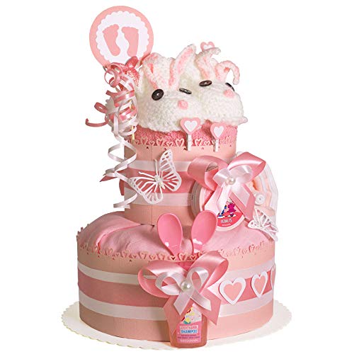 MomsStory - Windeltorte Mädchen | Haase | Baby-Geschenk zur Geburt Taufe Babyshower | 2 Stöckig (Rosa) mit Baby-Schuhchen Lätzchen Schnuller & mehr - Image 6