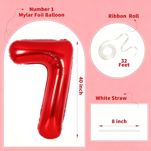Image of Number Balloons Red Party Balloon - 40 Inch Large Number 7 Balloon, Numbers Balloon Birthday Decorations, Red Party Supplies for Anniversary