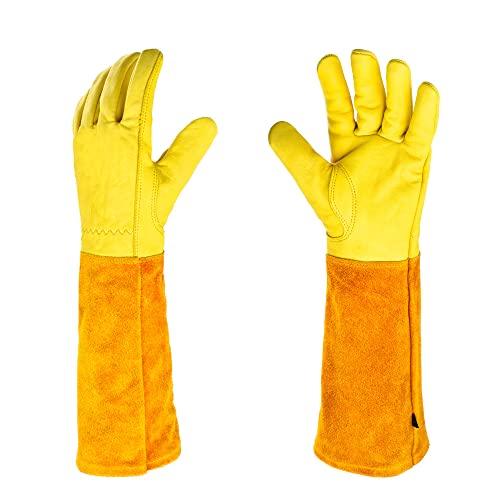 GLDFYYDS Long Gardening Gloves for Men and Women, Thornproof Work Gloves, Leather Heavy Duty Gardening Gloves, Forearm Protective Gloves for Welding, Gardening Pruning, Picking(Yellow, L)