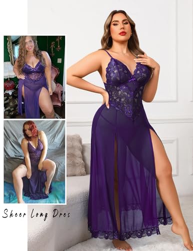 Image of Avidlove Plus Size Lingerie for Curvy Women Long Lace Babydoll Nightdress | V neck sheer mesh nightgown,g-string included,high side slits,adjustable straps,curve-flattering fit,maternity photoshoot
