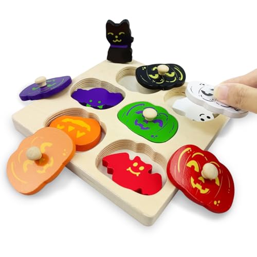 Image of OCBTOW Halloween Pumpkin Wooden Pegged Puzzles Montessori Toys for Toddlers Kids Boys Girls Halloween Party Favors Treat Bags Gifts