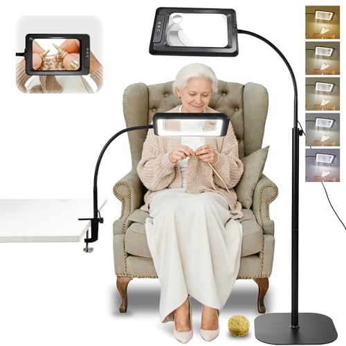 Overcomo 3-in-1 Large Floor & Clamp Magnifying Glass with Light and Stand