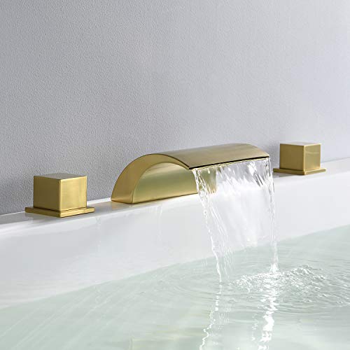 Hanallx Waterfall Tub Faucet Roman Tub Filler Brushed Gold Deck Mount Bathtub Faucets Brass 3 Holes Bathroom Faucets With 2 Handles #TOP2