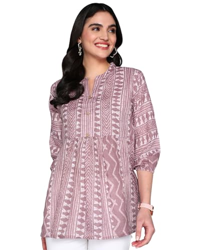 Image of Stylistico Geometric Print Summer Cotton Tunic Western Everyday Regular Fit Full Sleeve v Neck Office Peplum Printed Long Tops for Women Latest