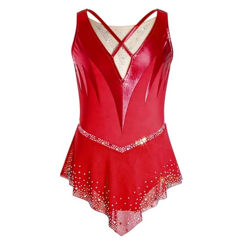 ranrann Enfant Fille Robe Patinage Artistique sans Manches Strass Brillant Métallique Justaucorps Gymnastique Costume Spectacle Compétition Rouge 7-8 Ans