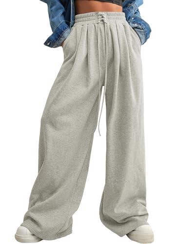 Aleumdr Woman Wide Leg Sweatpants Fall Winter Trendy Palazzo Baggy Pants High Waist Drawstring Track Pants with Pockets Gray Large