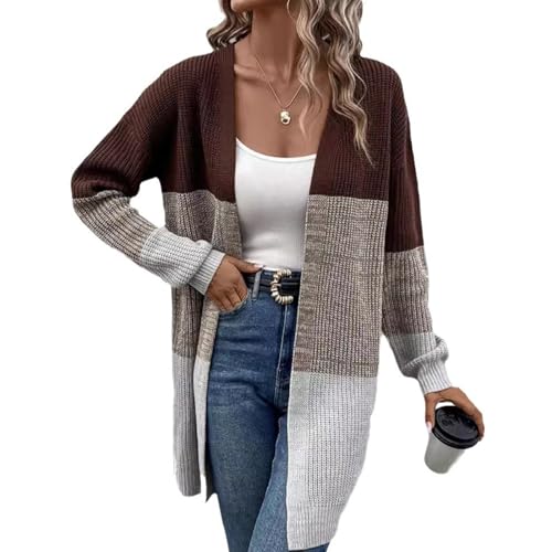 Image of Blostirno Womens Striped Long Open Cardigan Sweaters Long Sleeve Contrast Color Knitted Coat Outerwear