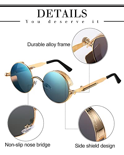 Coume 8 Pcs Retro Round Steampunk Sunglasses Gothic Sunglasses Hippy Glasses Circle Metal Frame Glasses for Men Women3