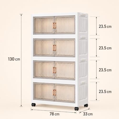 Image of KRISHYAM 4 Tier Plastic Storage Cabinet with Transparent Flip Doors & Wheels, Multipurpose Clothes Organizer for Bedroom, Living Room, Kids Room & Home Storage (4 Layer - 4 Transparent Door (White))
