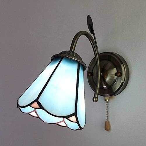 LITFAD Tiffany Lámpara de pared de latón cono 1 luz de vidrieras aplique de pared con cadena de tracción Lámpara de pared decorativa para
