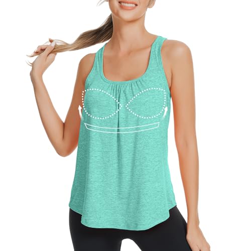 ANYFITTING Built in Bra Tank Tops for Women Workout Loose Fit Yoga Camisoles,Green, Large