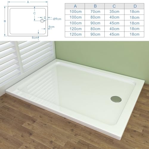 MIQU Duschwanne 120x90 cm aus Acryl Weiß Rechteck Duschtasse mit Ablaufloch Ø 90mm, 4cm Höhe Flach inkl. Ablaufgarnitur für Dusche Duschwand Duschkabine im Badezimmer BF1290