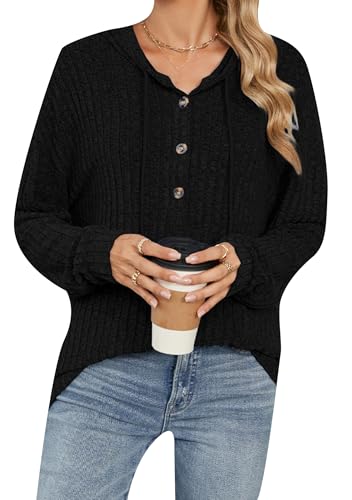 Image of OMZIN Women Cozy Long Sleeve with Hood Top Spring Fall Button Down Blouse Basic Plus Size Sweatshirt Blk M
