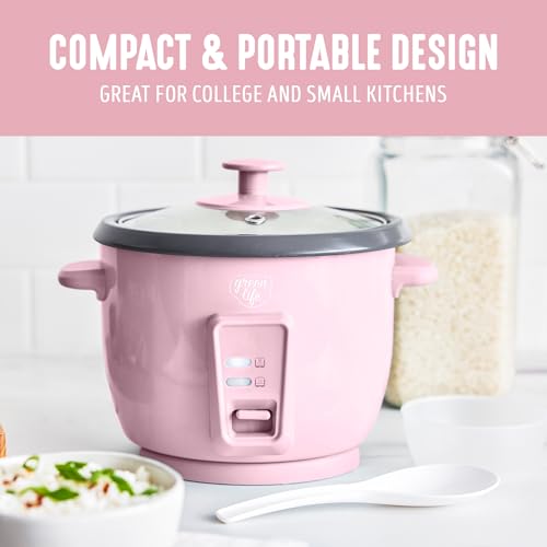 GreenLife Rice Cooker with Removable PFAS-Free Ceramic Nonstick Pot, 3-Cups Uncooked/6-Cups Cooked, Grains & Oatmeal Multicooker, Compact One-Switch Design, Auto Keep Warm, Easy Clean, Pink by GreenLife - Used condition - Image 5