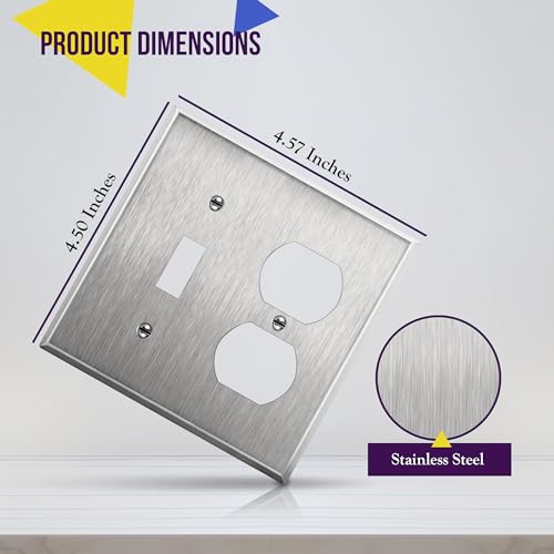 Image of ENERLITES Combination Toggle Light Switch or Duplex Receptacle Outlet Metal Wall Plate, Corrosive Resistant, Size 2-Gang 4.50 inch x 4.57 inch, 771121, 430 Stainless Steel, UL Listed, Silver, Standard