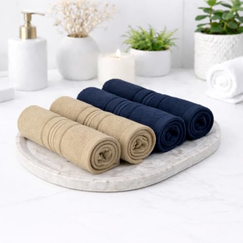 Image of Cotton Face Towel Pack of 4, 100% Cotton Towels, Soft Absorbent Small Gym Towel for Face, 400 GSM Quick Dry Bathroom & Travel Towels Men & Women, 30 x 30 cm, Beige & Navy