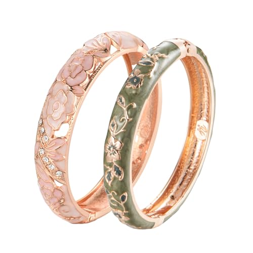 UJOY Vintage Cloisonne Jewelry Handcrafted Bracelets Gorgeous Enameled Flower Gold Plated Cuff Bangles Gifts 88A